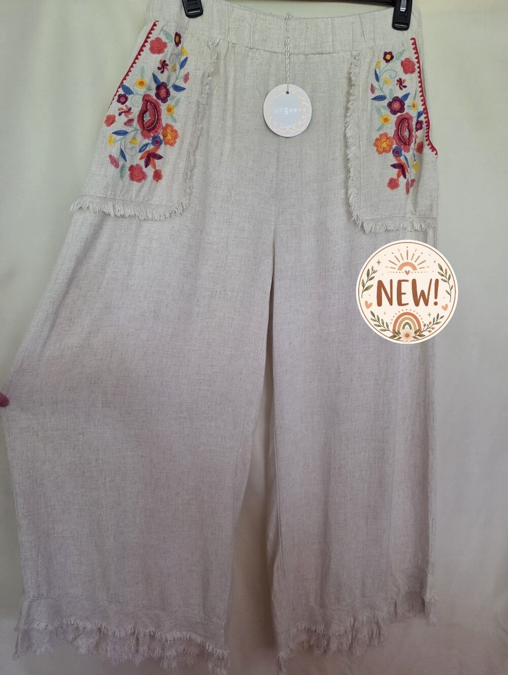 NWT Umgee Oatmeal Frayed Wide Leg Linen Pants with Floral Embroidery - 2X